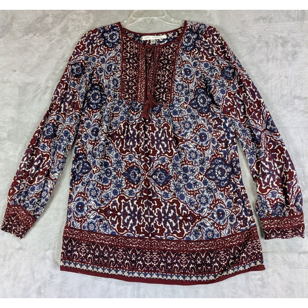 Max Studio Women's Size L Boho Batik Print Top Burgundy/Blue Tassel Tie at Neck